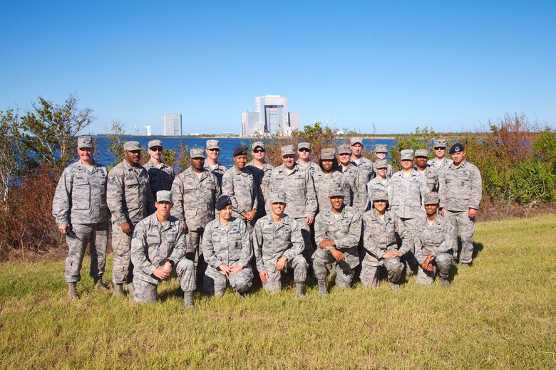 Officers and enlisted Airmen from the 45th Space Wing Mission Support Group pose for a photo during the ‘Lunch & Launch’ event, held Nov. 6 on the Eastern Range. The ‘Lunch & Launch’ program allowed company grade officers, noncommissioned officers and senior noncommissioned officers an opportunity to sit down, share a meal with leadership, and learn more from individuals outside their functional area they normally do not interact with. (U.S. Air Force photo by Staff Sgt. Christopher Stoltz)