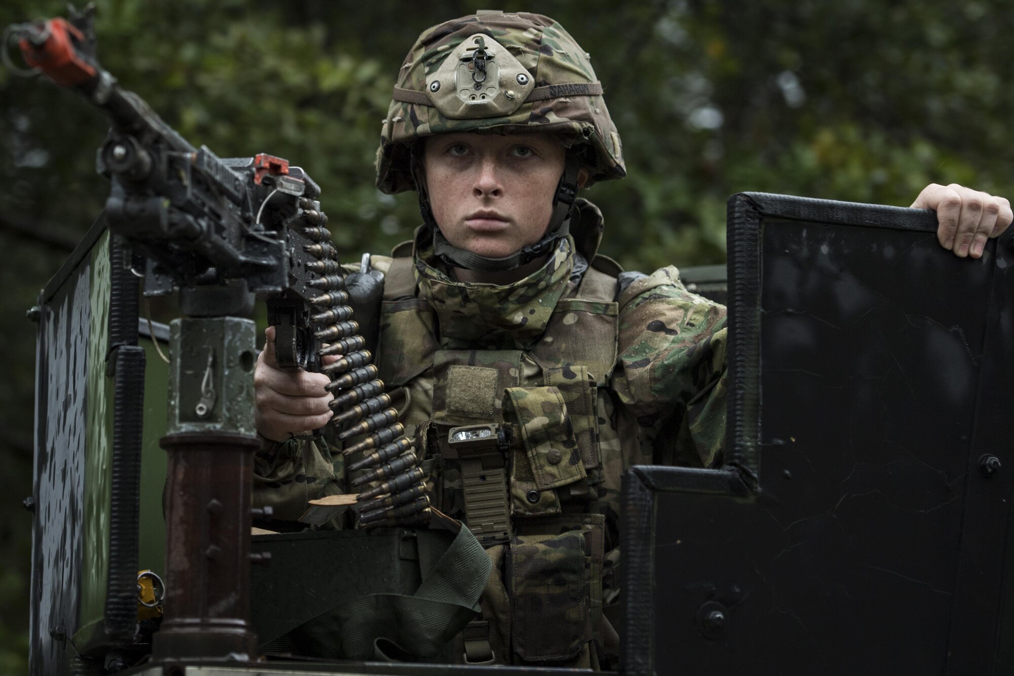 Airman 1st Class Haley Sahagan, 823d Base Defense Squadron fireteam member, watches for threats in the turret of a Humvee during a mission readiness exercise, Oct. 23, 2017, at Moody Air Force Base, Ga. The 820th Base Defense Group tested the 823d BDS’s ability to operate in an austere environment with challenging scenarios that tested their capabilities and effectiveness. (U.S. Air Force Senior Airman Janiqua P. Robinson)