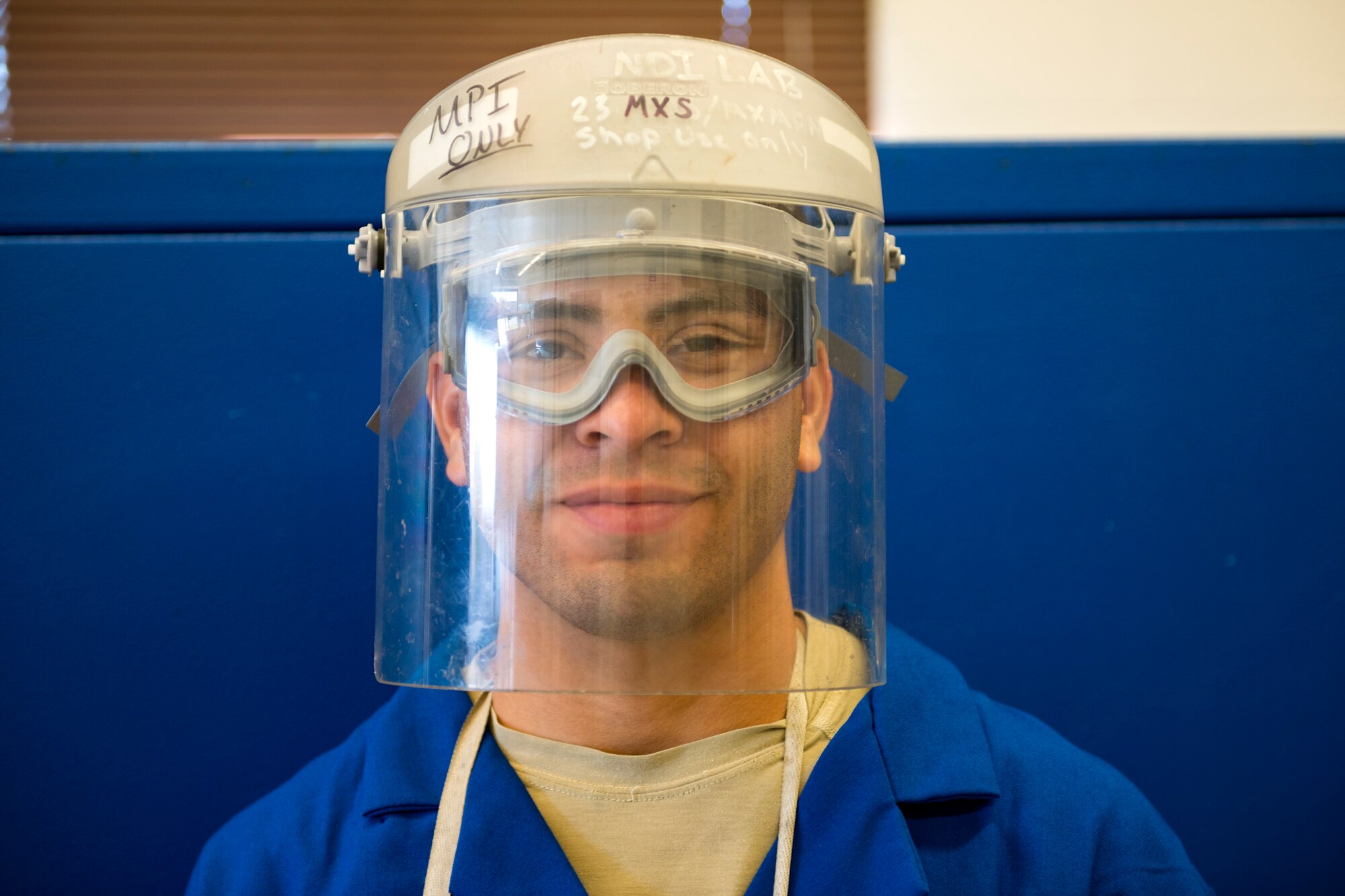 Senior Airman Joshua Sanchez, 23d Equipment Maintenance Squadron non-destructive inspection (NDI) technician, poses for a photo, Nov. 7, 2017, at Moody Air Force Base, Ga. NDI technicians use various techniques to inspect cracks or defects on aircraft parts, thereby preventing potentially catastrophic aircraft incidents. (U.S. Air Force photo by Airman 1st Class Erick Requadt)