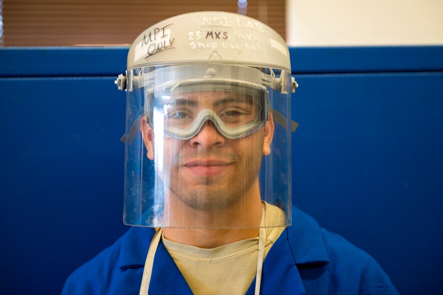 Senior Airman Joshua Sanchez, 23d Equipment Maintenance Squadron non-destructive inspection (NDI) technician, poses for a photo, Nov. 7, 2017, at Moody Air Force Base, Ga. NDI technicians use various techniques to inspect cracks or defects on aircraft parts, thereby preventing potentially catastrophic aircraft incidents. (U.S. Air Force photo by Airman 1st Class Erick Requadt)