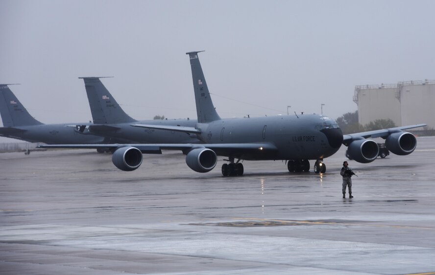 A KC-135 Stratotanker taxis prior to take-off during Exercise Global Thunder 2018 Nov. 4, at McConnell Air Force Base, Kan. Exercise Global Thunder is an annual command and control and field training exercise designed to train DOD forces and assess joint operational readiness across all of U.S. Strategic Command’s mission areas. (U.S. Air Force photo by Amn Michaela R. Slanchik)