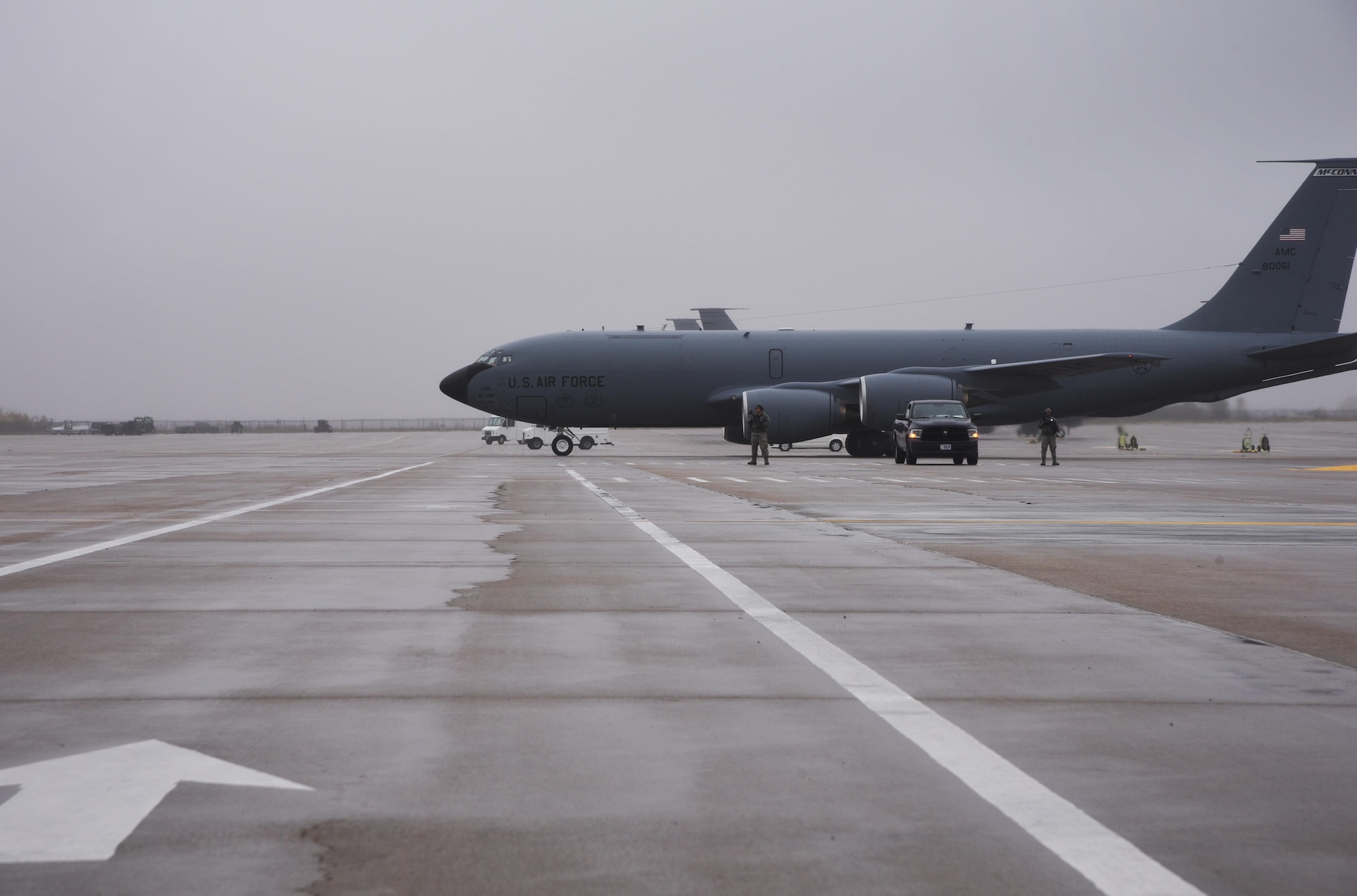 A KC-135 Stratotanker taxis prior to take-off during Exercise Global Thunder 2018 Nov. 4, at McConnell Air Force Base, Kan. U.S. Strategic Command has executed Global Thunder annually since 2005. (U.S. Air Force photo by Amn Michaela R. Slanchik)