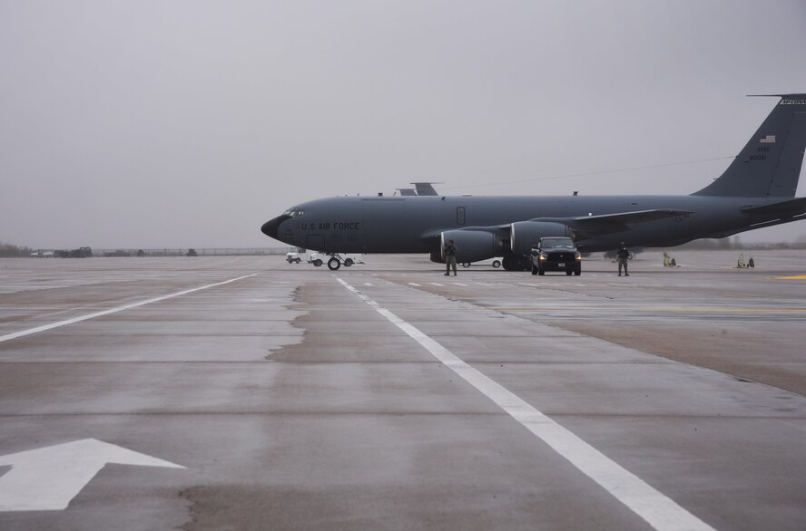 A KC-135 Stratotanker taxis prior to take-off during Exercise Global Thunder 2018 Nov. 4, at McConnell Air Force Base, Kan. U.S. Strategic Command has executed Global Thunder annually since 2005. (U.S. Air Force photo by Amn Michaela R. Slanchik)