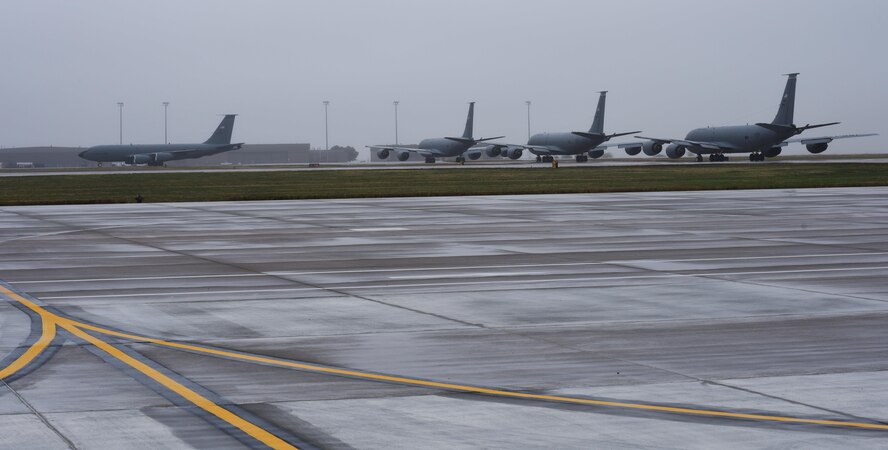 KC-135 Stratotankers taxi prior to take-off during Exercise Global Thunder 2018 Nov. 4, at McConnell Air Force Base, Kan. Global Thunder is an annual command and control, and field training exercise designed to train U.S. Strategic Command forces and assess joint operational readiness. (U.S. Air Force photo by Amn Michaela R. Slanchik)