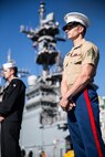 U.S. Marine Sgt. Blake Greenia with 3rd Light Armored Reconnaissance, 1st Marine Division, participates in “Man the Rails” aboard the USS Essex LHD2 during the parade of ships during San Francisco Fleet Week Oct. 6, 2017. San Francisco Fleet Week is an opportunity for the American public to meet their Marine Corps, Navy and Coast Guard teams and experience America’s sea services. Fleet Week will highlight naval personnel, equipment, technology and capabilities, with an emphasis on humanitarian assistance and disaster relief. (U.S. Marine Corps photo by Sgt. Rodion Zabolotniy)