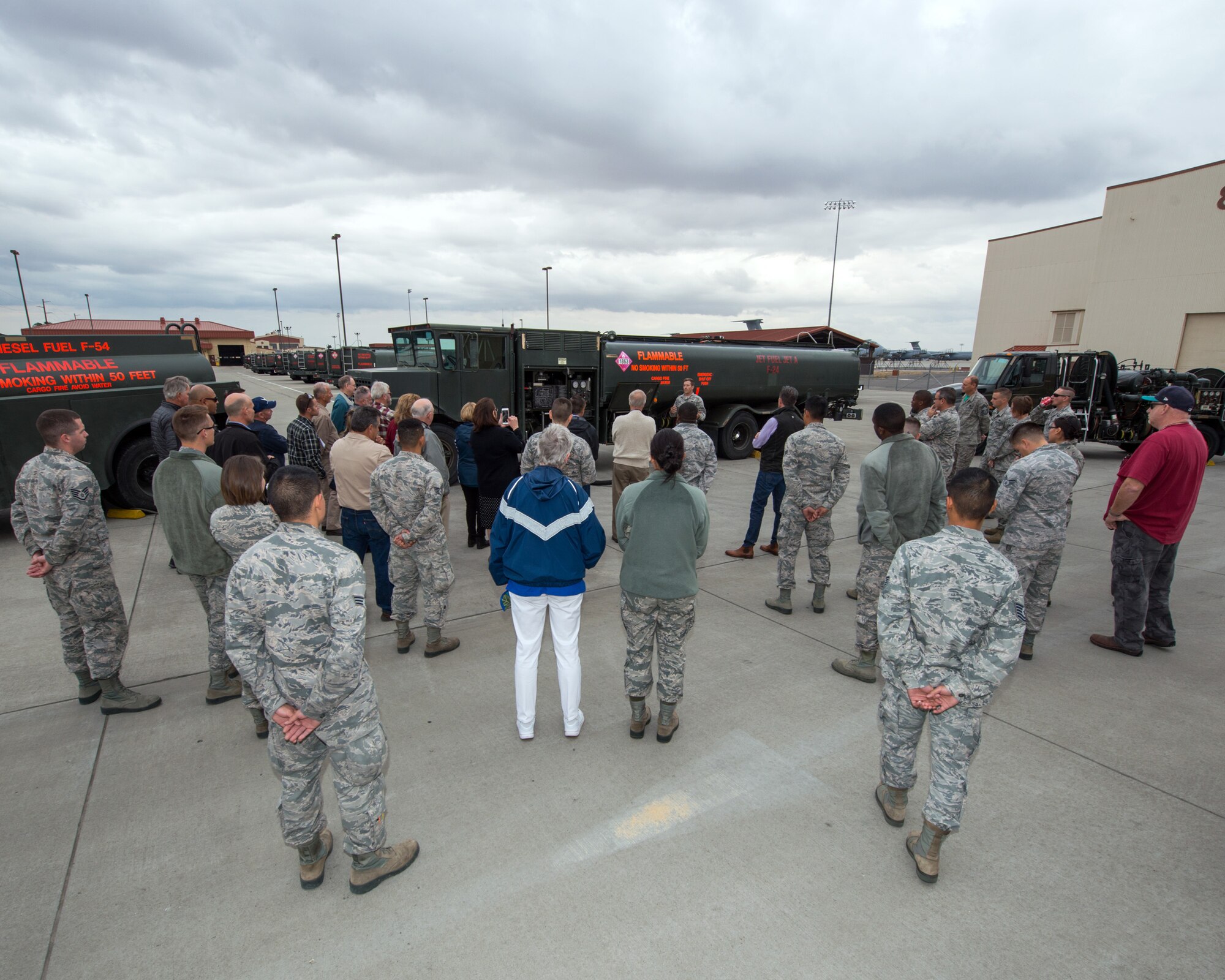 Honorary commanders visit the 60th Logistics Readiness Squadron during their tour of the 60th Mission Support Group, Nov. 3, 2017 at Travis Air Force Bace, Calif. The purpose of the Travis Air Force Base Honorary Commander Program is to promote relationships between base senior leadership and civilian partners, foster civic appreciation of the Air Force mission and its Airmen, maximize opportunities to share the Air Force story with new stewards, and to communicate mutual interest, challenges, and concerns that senior leaders and civilian stakeholders have in common. (U.S. Air Force photo by Louis Briscese)