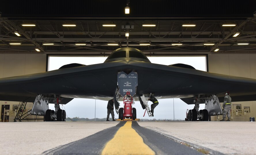 A U.S. Air Force B-2 Spirit prepares to take off from the runway at Whiteman Air Force Base, Mo., Nov. 4, 2017, during exercise Global Thunder 18 (GT18).