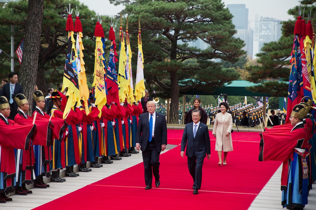 Presidents of the United States and South Korea participate in a welcoming ceremony at the Blue House in Seoul, South Korea