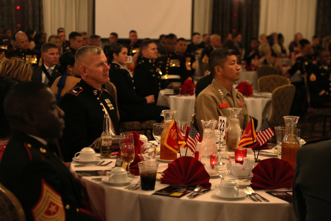 Republic of Korea (ROK) Marine Lt. Col. Min-ho Baek, right, and U.S. Marine Col. Scott Johnson, left, attend the 3d Marine Logistics Group (MLG) Staff Noncommissioned Officer and Officer Birthday Ball at the Butler’s Officer Club, Camp Foster, Okinawa, Japan, Nov. 3, 2017. Throughout the week, 3d MLG has hosted Baek and other official members of the ROK MLG, giving both logistics groups an opportunity to enhance interoperability. Johnson is the regimental commanding officer of Headquarters Regiment, 3d MLG, III Marine Expeditionary Force. Baek is the ROK MLG Headquarters Assistant Chief of Staff. (U.S. Marine Corps photo by Sgt. Kathy Nunez)