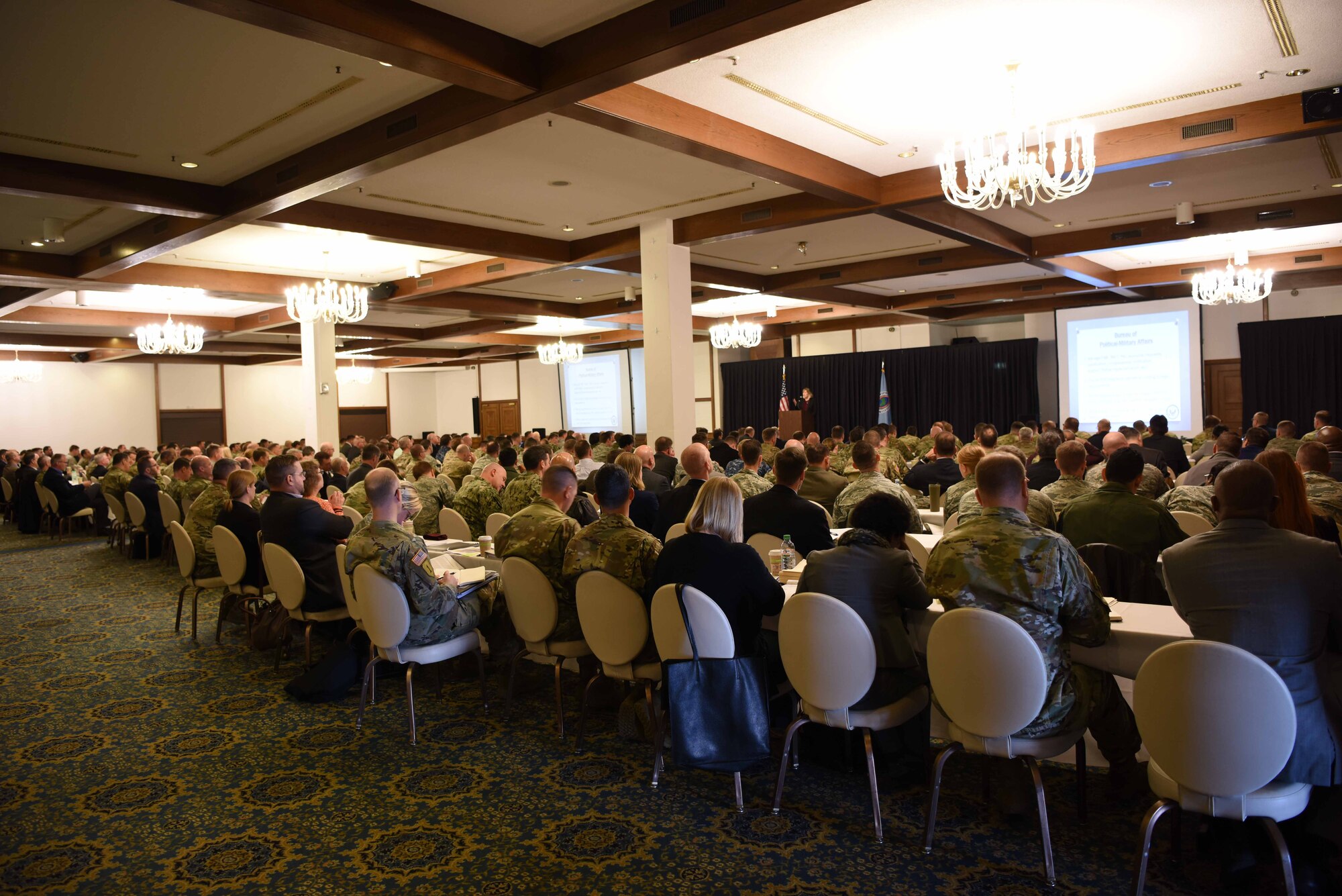 Personnel listen to a speaker at the U.S. Africa Command Regional Synchronization Working Group at Ramstein Air Base, Germany, Oct. 30, 2017. Attendees represented the Department of Defense, the Department of State, the U.S. Agency for International Development and other agencies with a vested interest in Africa’s security and stability.