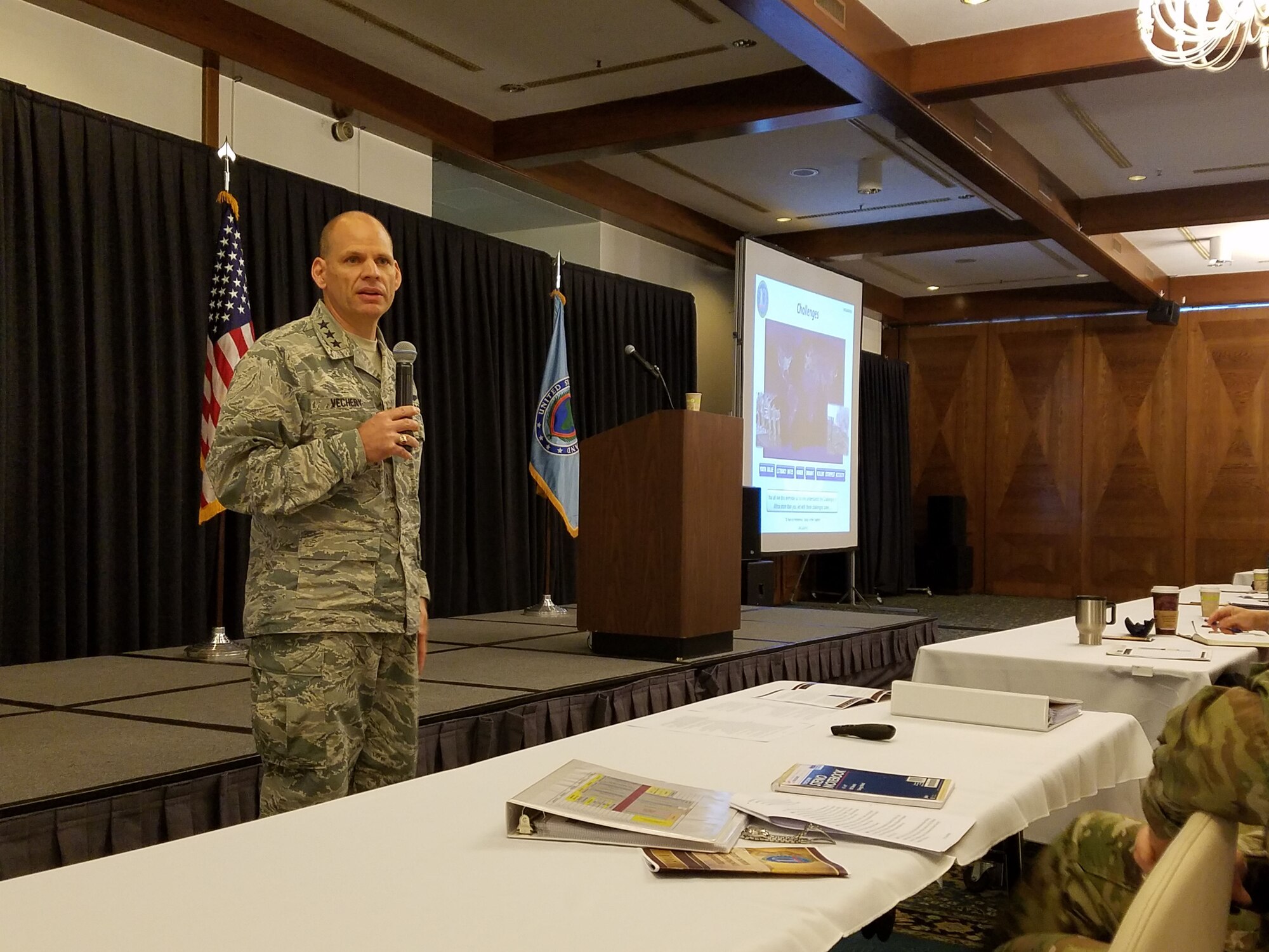 U.S. Air Force Lt. Gen. James Vechery, U.S. Africa Command deputy chief to the commander for military operations, speaks to attendees of the AFRICOM Regional Synchronization Working Group on Ramstein Air Base, Germany, Oct. 30, 2017. Vechery was one of the many who spoke about the past, present and future of AFRICOM operations and strategy.