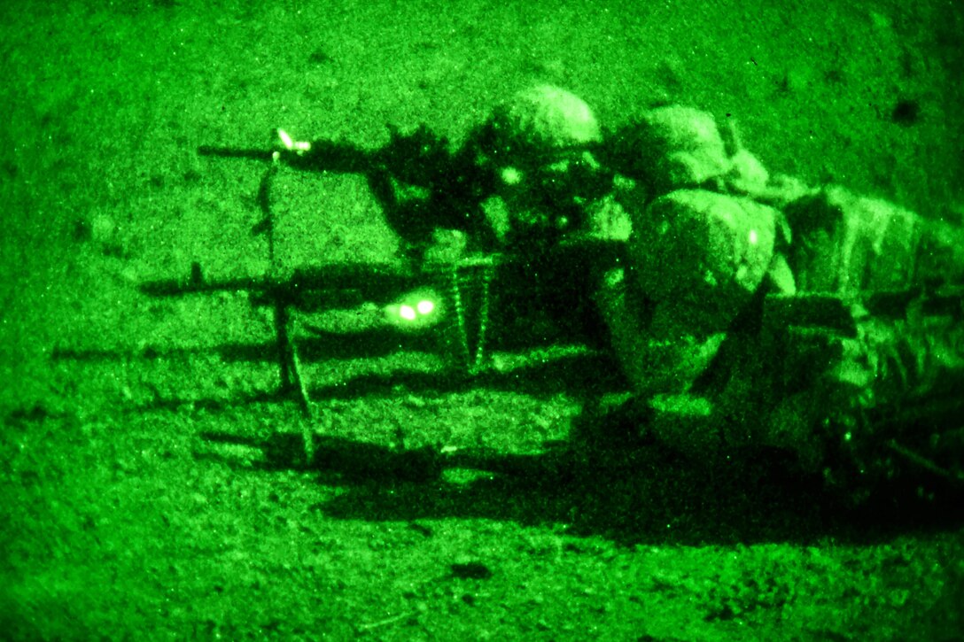 As seen through a night-vision device, soldiers fire their M240 machine guns at targets in Djibouti.