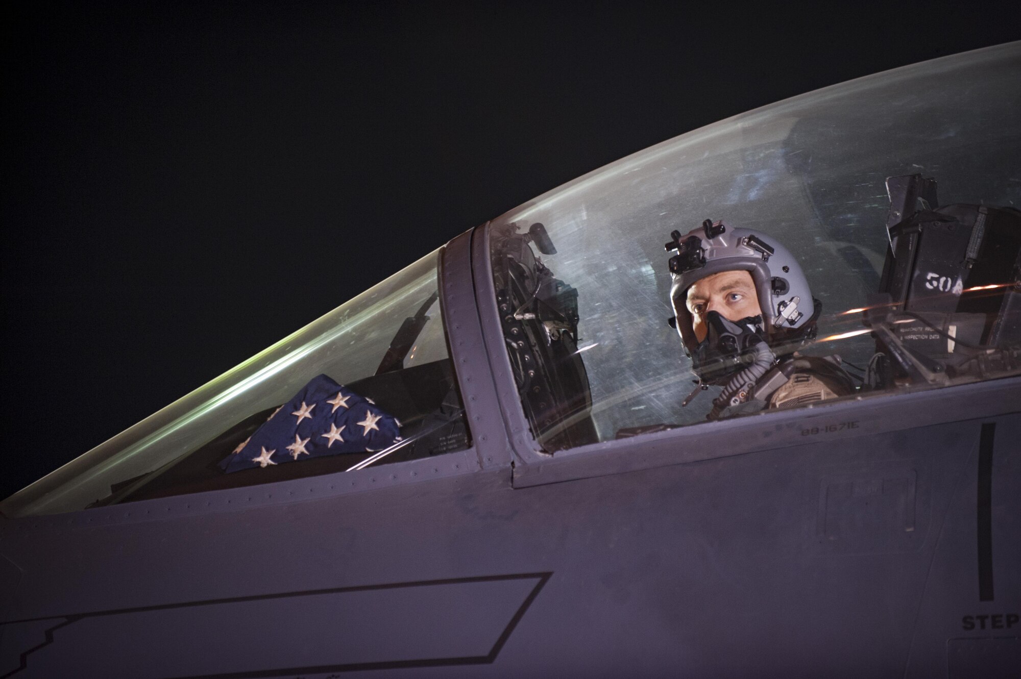 An aircrew member assigned to the 336th Expeditionary Fighter Squadron prepares waits for clearance to taxi, prior to a sortie in support of Operation Inherent Resolve objectives November 7, 2017 in Southwest Asia. The 336th EFS arrives in the region after a recent string of major victories for Coalition forces on the ground and will look to capitalize on that momentum. (U.S. Air Force photo by Senior Airman Joshua Kleinholz)