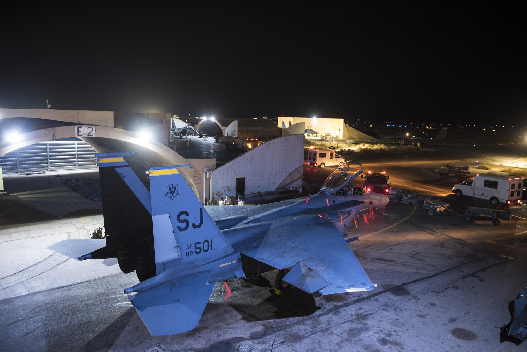 Crews assigned to the 332nd Expeditionary Maintenance Squadron prepare F-15E Strike Eagles assigned to the 336th Expeditionary Fighter Squadron for sorties in support of Operation Inherent Resolve objectives November 7, 2017 in Southwest Asia. The 336th EFS, supported by aircraft maintenance professionals, flies combat sorties day and night -- protecting Coalition forces as they work towards the elimination of remaining ISIS fighters. (U.S. Air Force photo by Senior Airman Joshua Kleinholz)