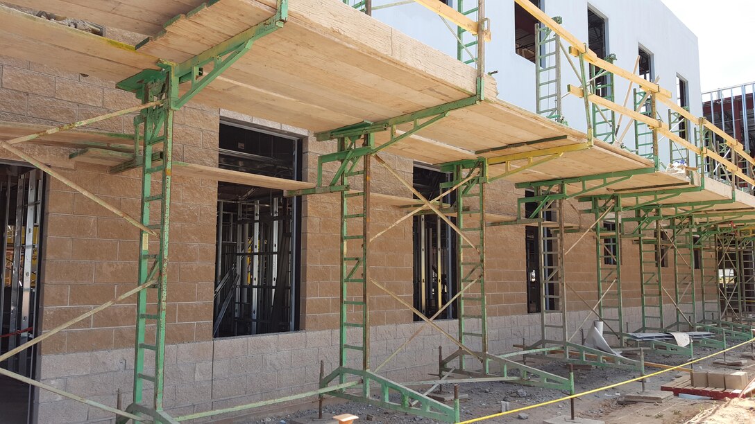 CANNON AIR FORCE BASE, N.M. – Scaffolding along the outside of the new Medical and Dental Clinic as it was constructed, Oct. 18, 2017.