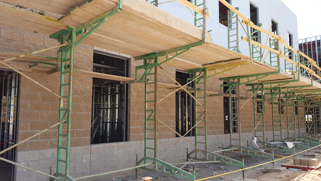 CANNON AIR FORCE BASE, N.M. – Scaffolding along the outside of the new Medical and Dental Clinic as it was constructed, Oct. 18, 2017. Photo by James Vigil. This was a 2017 Photo Drive entry.