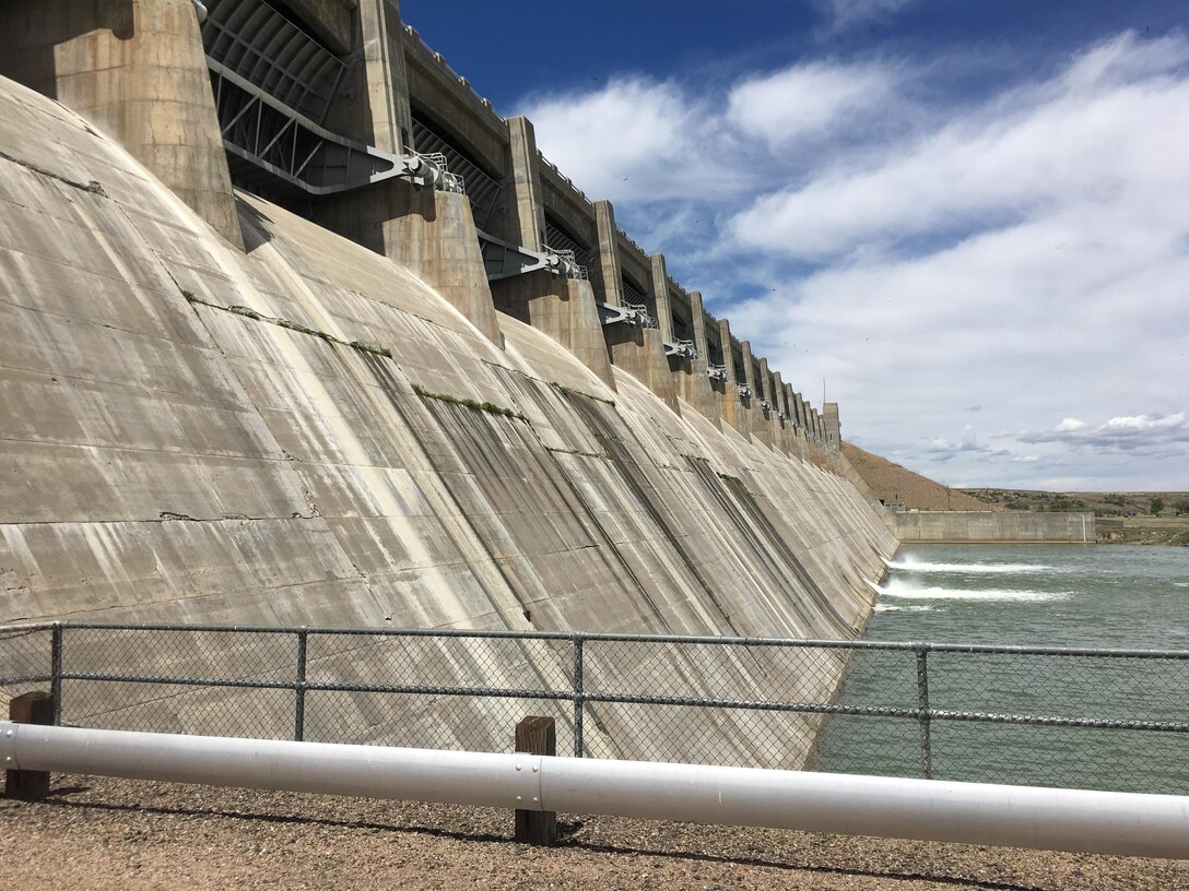 JOHN MARTIN DAM, Colo., -- The dam is used for flood control, irrigation, and recreation. In this photo, taken April 27, 2017, two of the service gates are open to supply irrigation needs downstream.