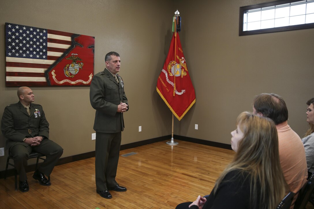 U.S. Marine Brig. Gen. Kurt W. Stein, Director of Marine and Family Programs, Manpower and Reserve Affairs, Speaks at during a Silver Star Award ceremony in honor of Lance Cpl. Donald J. Cline on Marine Corps League Detachment 1419, Mandan, North Dakota, Nov 1, 2017.