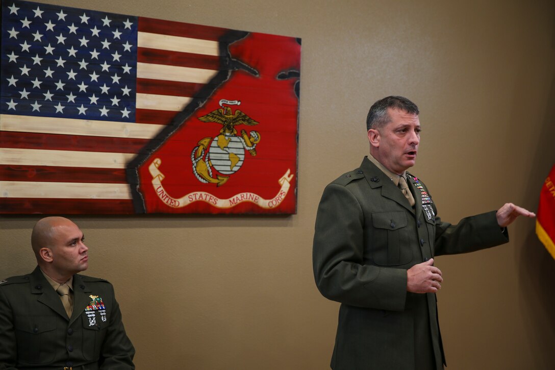 U.S. Marine Brig. Gen. Kurt W. Stein, Director of Marine and Family Programs, Manpower and Reserve Affairs, Speaks at during Silver Star Award ceremony in honor of Lance Cpl. Donald J. Cline on Marine Corps League Detachment 1419, Mandan, North Dakota, Nov 1, 2017.