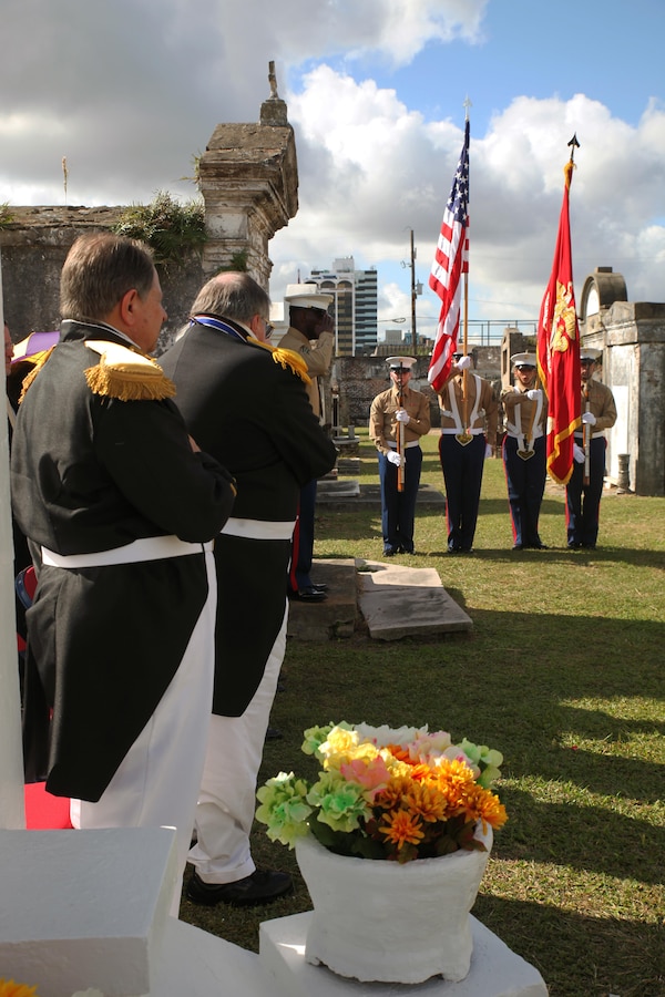 Marines from Marine Forces Reserve present colors at a wreath laying ceremony for Marine Corps Maj. Daniel Carmick, at the St. Louis Cemetery No. 2 in New Orleans, Nov. 6, 2017. This ceremony is held annually to celebrate and honor the legacy and actions of Maj. Carmick during the Battle of New Orleans during the War of 1812. Maj. Carmick’s leadership on the battlefield was an essential contribution that resulted in the defeat of British troops and prevented the seizure and conquest of extensive Louisiana territory. (U.S. Marine Corps photo by PFC. Tessa D. Watts)