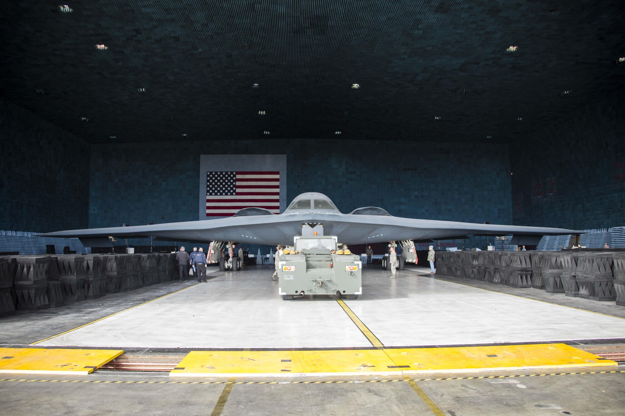 A B-2 Spirit bomber sits in the Benefield Anechoic Facility Nov. 28, 2016, preparing to undergo environmental control systems checks. The Air Force released photos this week of the stealth bomber’s first time in the BAF. (U.S. Air Force photo by Christian Turner)