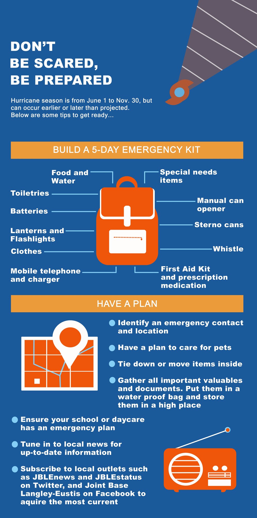 Hurricane season is from June 1 to Nov. 30, but can occur earlier or later than projected. Members are encouraged to build an emergency kit and have a plan to prepare for possible emergency situations.