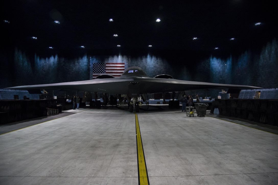 A B-2 Spirit bomber sits in the Benefield Anechoic Facility Nov. 28, 2016, preparing to undergo environmental control systems checks. The Air Force released photos this week of the stealth bomber’s first time in the BAF. (U.S. Air Force photo by Christian Turner)
