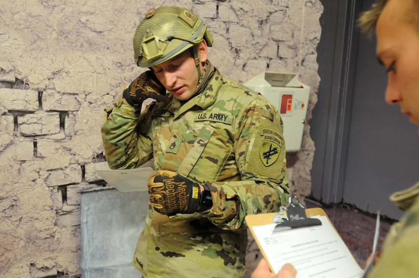 Staff Sgt. Loren Keeler, 407th Civil Affairs Battalion, completes a nine-line MEDEVAC notification during the 353rd Civil Affairs Command Best Warrior Competition at Fort McCoy, Wisconsin, November 1, 2017. Keeler went on to win the title of 353rd CACOM 2017 Non-Commissioned Officer of the Year.
(U.S. Army Reserve photo by Zach Mott, 88th Regional Support Command Public Affairs Office)