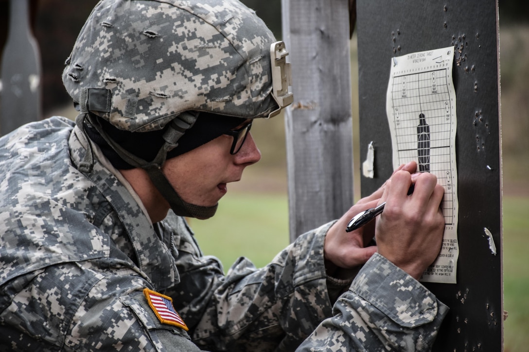 Specialist Alan Burkhart, from 432nd Civil Affairs Battalion, marks his hits on his M16 rifle range target during the 353rd Civil Affairs Command Best Warrior Competition at Fort McCoy, Wisconsin, November 2, 2017.
(U.S. Army Reserve photo by Catherine Lowrey, 88th Regional Support Command Public Affairs Office)