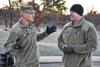 U.S. Army Civil Affairs & Psychological Operations Command (Airborne) Command Sgt. Maj. Pete Running, left, talks about Soldier readiness with 353rd Civil Affairs Command Sgt. Maj. Stephen Coville, right, during the 353rd Civil Affairs Command Best Warrior Competition at Fort McCoy, Wisconsin, November 3, 2017.
(U.S. Army Reserve photo by Catherine Lowrey, 88th Regional Support Command Public Affairs Office)