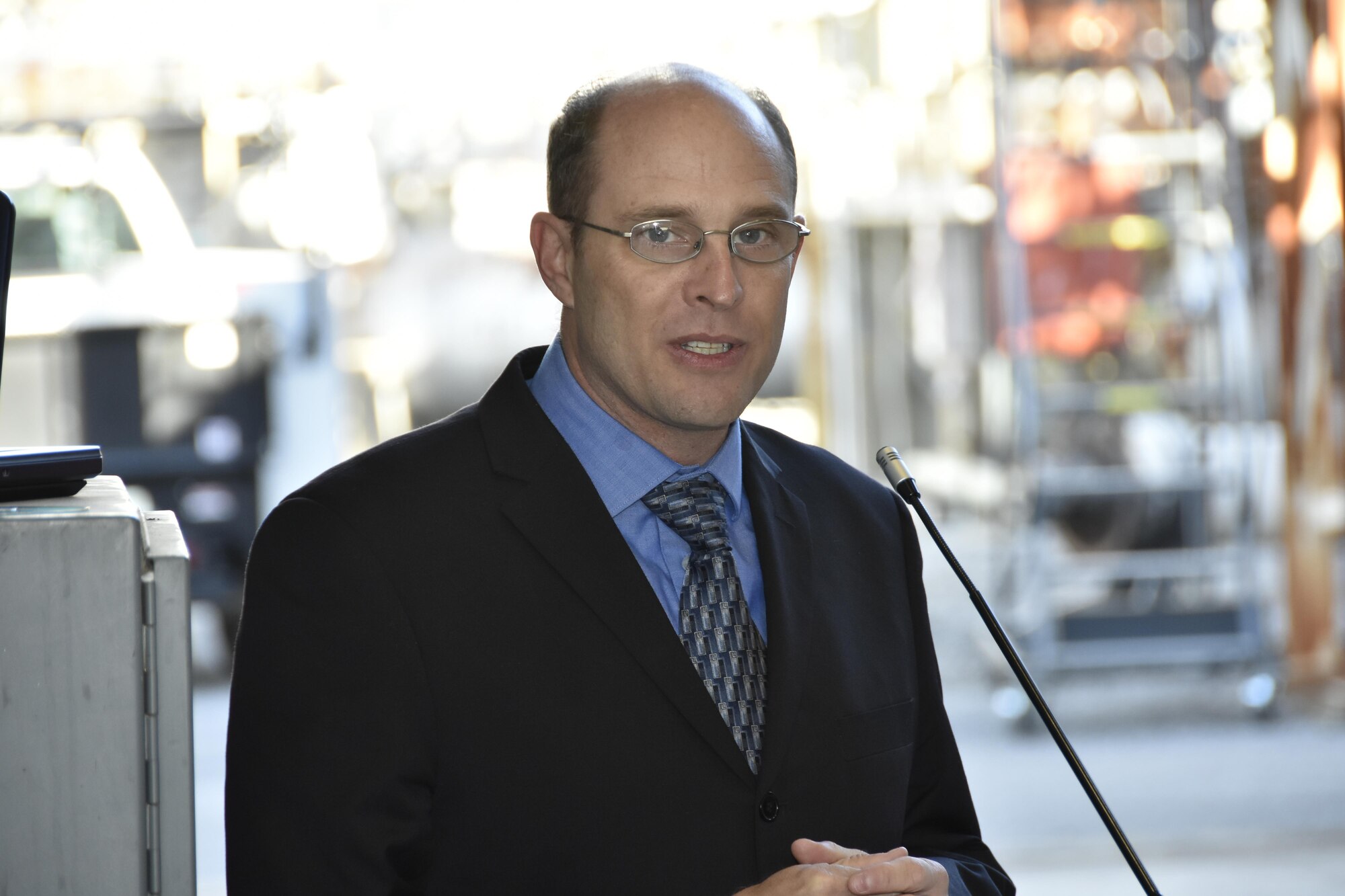Lance E. Baxter speaks during an Oct. 20 Change of Directorship Ceremony in the J-5 Large Rocket Motor Test Facility at Arnold Air Force Base. Baxter is the new director of the Hypersonic Systems CTF. (U.S. Air Force photo/Rick Goodfriend)