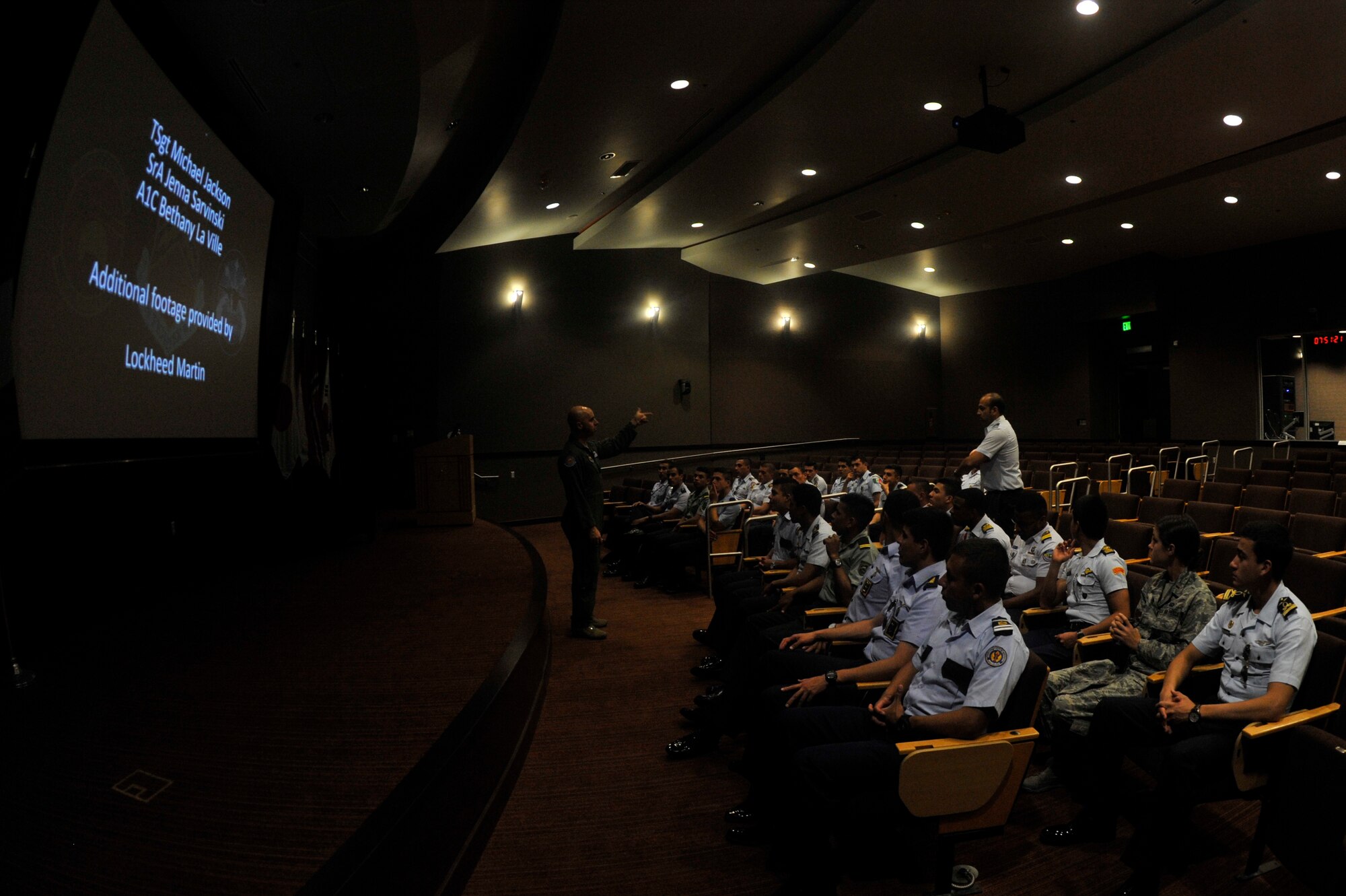 Maj. Adam Vogel, 56th Operations Group F-35 instructor pilot, gives an F-35A Lightning II orientation brief at Luke Air Force Base, Ariz., Nov. 6, 2017. The orientation was given to cadets from the Latin American Cadet’s Initiatives program. (U.S. Air Force photo/Airman 1st Class Pedro Mota)