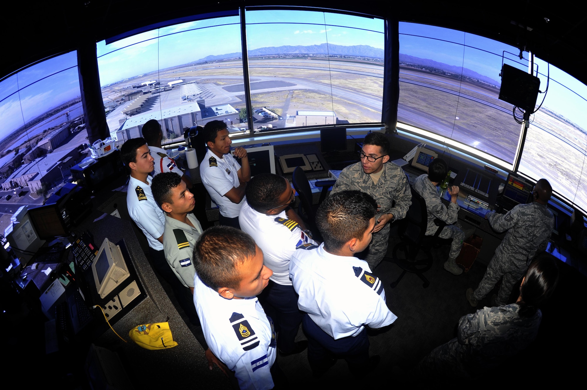 Cadets from the Latin American Cadet’s Initiatives program tour the Air Traffic Control Tower at Luke Air Force Base, Ariz., Nov. 6, 2017. The Latin American cadets were brought to Luke to encourage leadership and to build a stronger relationship with each other. (U.S. Air Force photo/Airman 1st Class Pedro Mota)