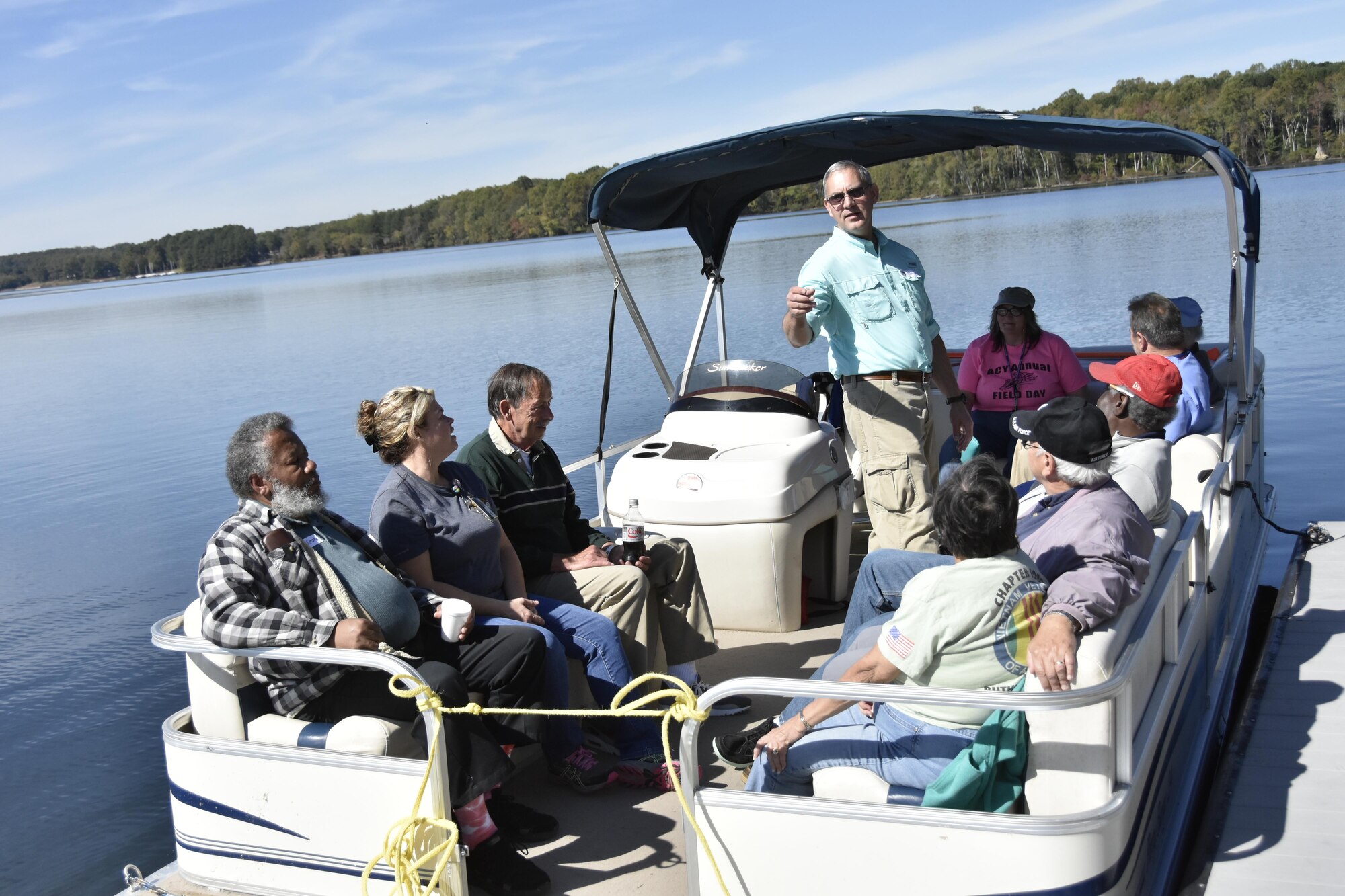 Attendees of the Military Appreciation: Past, Present and Future Picnic prepare for a boat ride on Woods Reservoir. The picnic, held Oct. 20 at the Arnold Lakeside Center, was open to retired military, veterans and active-duty services members and their families. (U.S. Air Force photo/Rick Goodfriend)