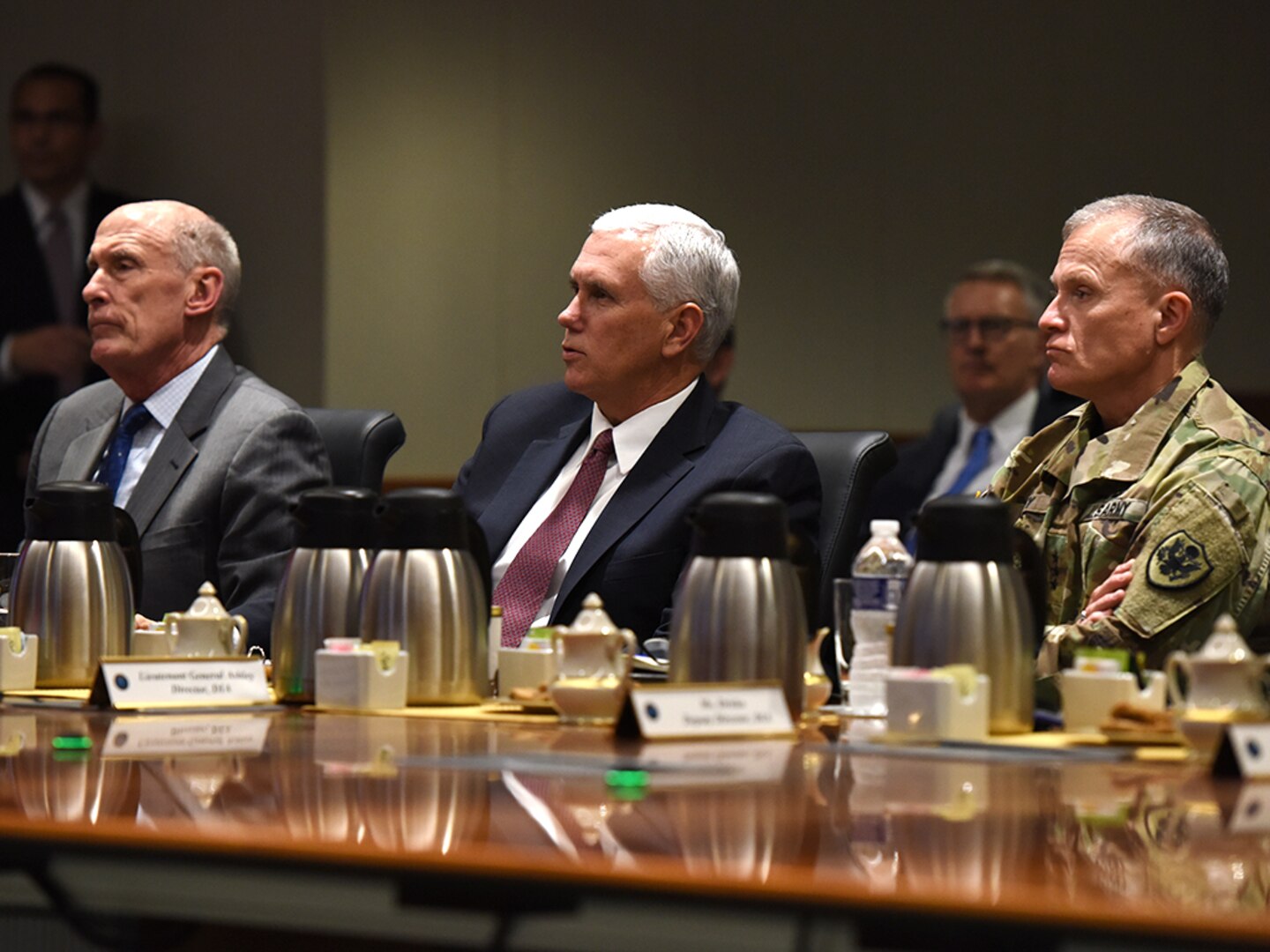 From left, Director of National Intelligence Dan Coats, Vice President Mike Pence and Defense Intelligence Agency Director Lt. Gen. Robert Ashley listen to an intelligence brief during the vice president’s visit to DIA headquarters Nov. 6, at Joint Base Anacostia-Bolling in Washington, D.C.