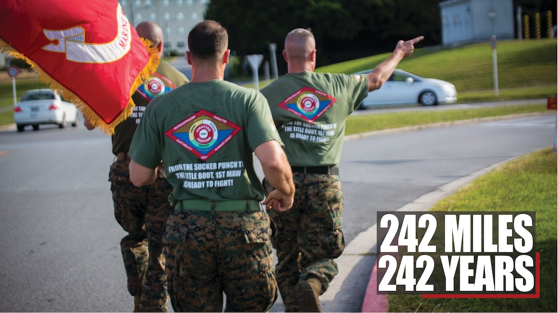 Sgt. Maj. Michael J. Pritchard, 1st Marine Aircraft Wing’s sergeant major, leads 1st MAW Marines on a run at Camp Foster, Okinawa, Japan, November 7, 2017. Squadrons throughout 1st MAW, including ones at Marine Corps Air Station Iwakuni, Japan, and MCAS Kaneohe Bay, Hawaii, collectively ran a total of 242 miles in recognition for the Marine Corps 242 birthday celebration on November 10.