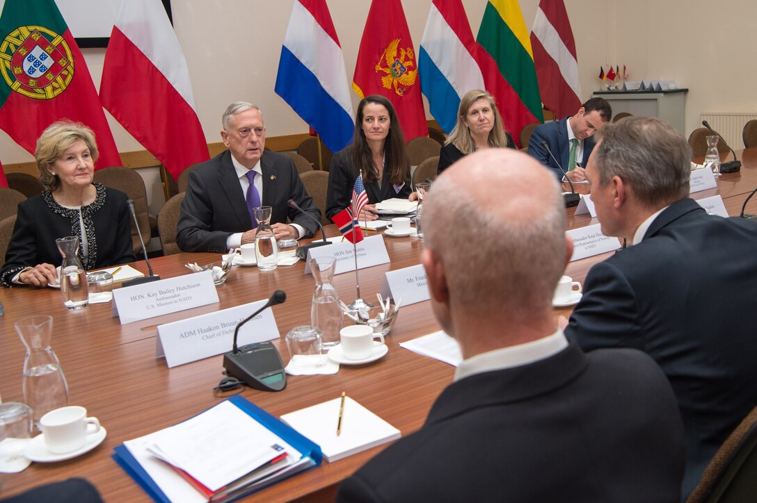 Defense Secretary Jim Mattis meets with the Norwegian defense minister at NATO headquarters.