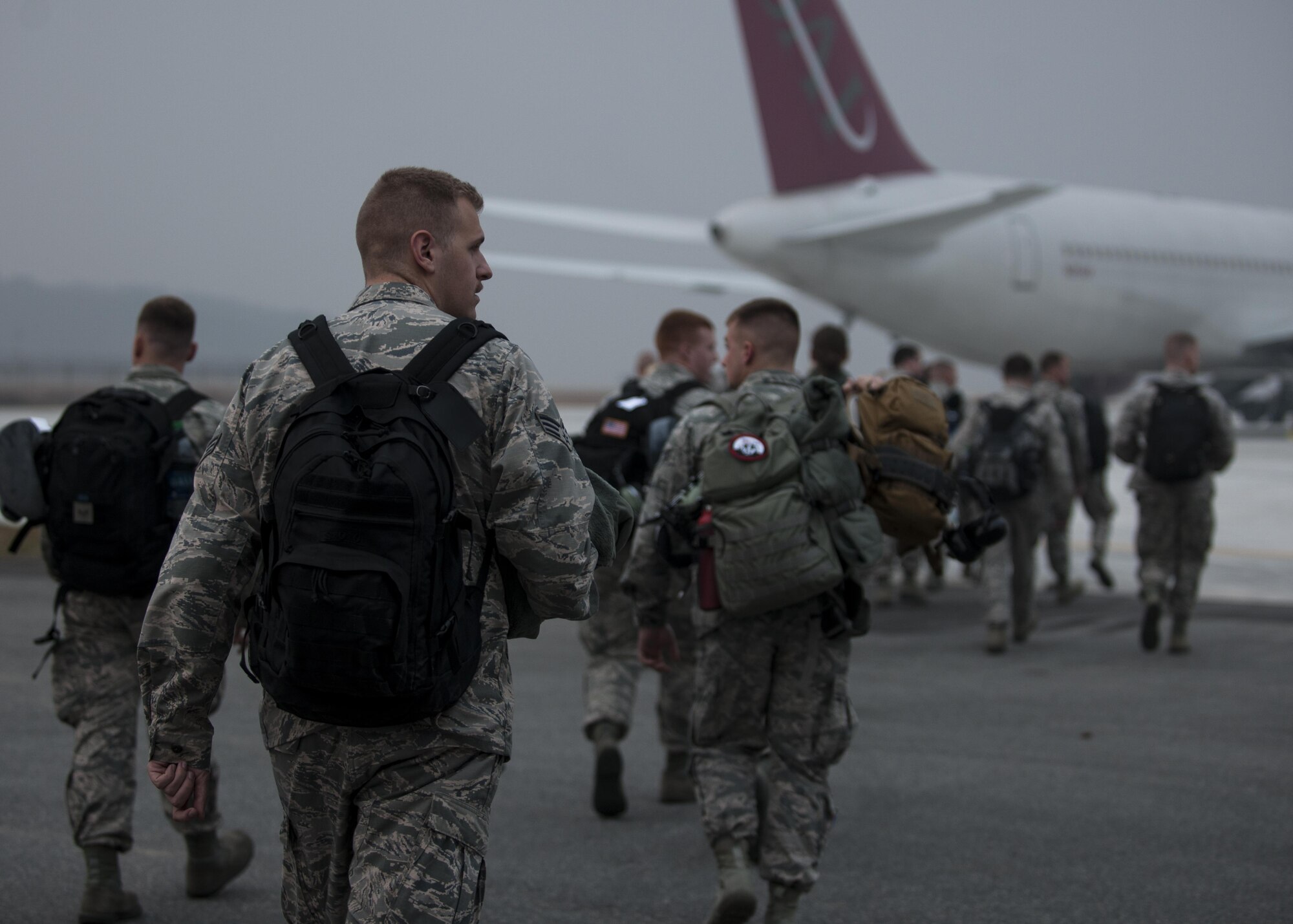 U.S. Air Force Airmen assigned to the Wisconsin Air National Guard 115th Fighter Wing, prepare to depart the installation at Kunsan Air Base, Republic of Korea, Nov. 8, 2017.  The 115th FW participated in a three-month Theater Security Package rotational Deployment to Kunsan AB as part of maintaining peace and security in the Indo-Asia-Pacific region. (U.S. Air Force photo by Staff Sgt. Victoria H. Taylor)