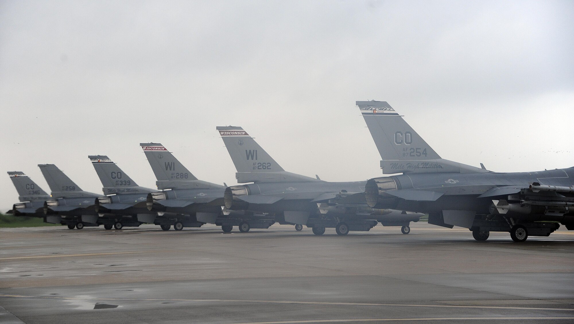 U.S. Air Force Fighting Falcon F-16s, or more commonly Vipers, from the 8th Fighter Wing line up for an elephant walk on Aug. 22, 2017 at Kunsan Air Base, Republic of Korea. The Viper is a multi-role fighter aircraft capable of close-air support for ground forces and dominating enemy air assets in air-to-air combat. The elephant walk was a part of the regularly scheduled Operational Readiness Exercise Beverly Pack 17-3, which tested the base’s ability to respond to various scenarios in a contingency environment. (U.S. Air Force photo by Senior Airman Colby L. Hardin)