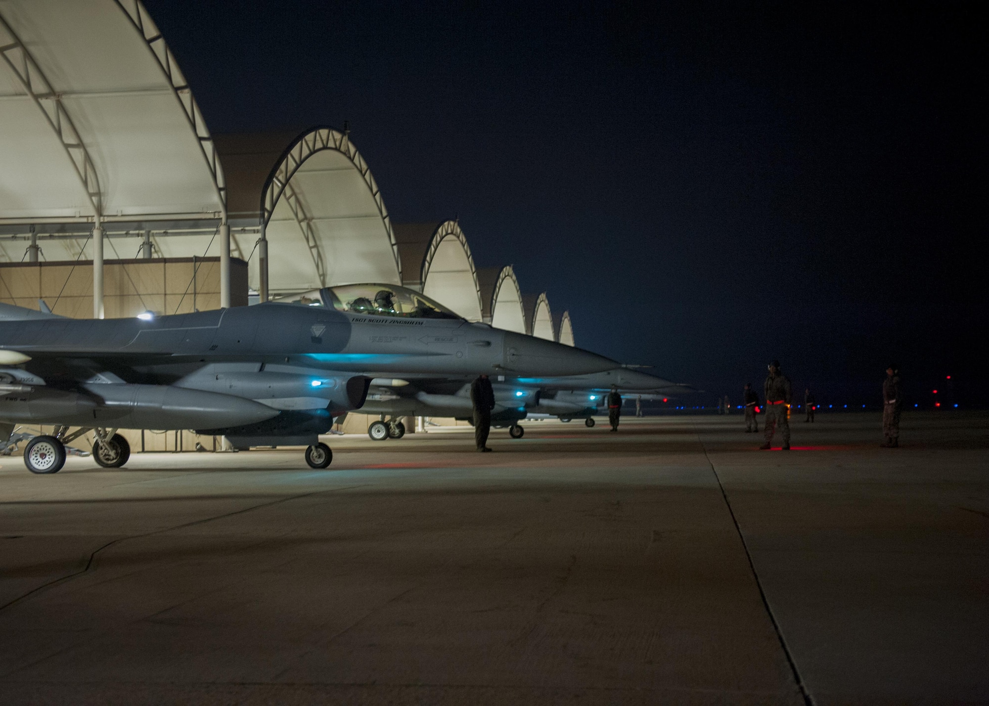 U.S. Air Force F-16 Fighting Falcons assigned to the Wisconsin Air National Guard’s 115th Fighter Wing prepare to taxi for their final take-off from Kunsan Air Base, Republic of Korea, Nov. 4, 2017. The aircraft and Airmen assigned to the 115th spent approximately three months on the Korean Peninsula in support of U.S. Pacific Command’s priority to secure and maintain peace in the Indo-Asia-Pacific region. (U.S. Air Force photo by Capt. Christopher Mesnard)