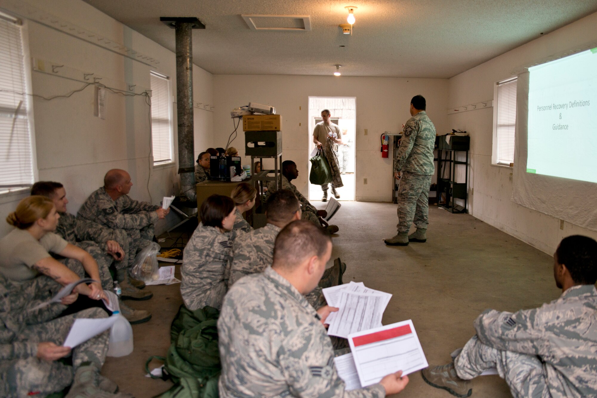 Members of the 913th Airlift Group prepare for a Personnel Recovery class during “Ability to Survive and Operate” (ATSO) training Nov. 4, 2017, at Little Rock Air Force Base, Ark.
