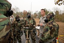 U.S. Air Force Reserve Staff Sgt. Jeffrey Lawson, air transportation, 96th Aerial Port Squadron, instructs Airmen in the proper use of M8 Detector Paper during “Ability to Survive and Operate” (ATSO) training Nov. 4, 2017, at Little Rock Air Force Base, Ark.