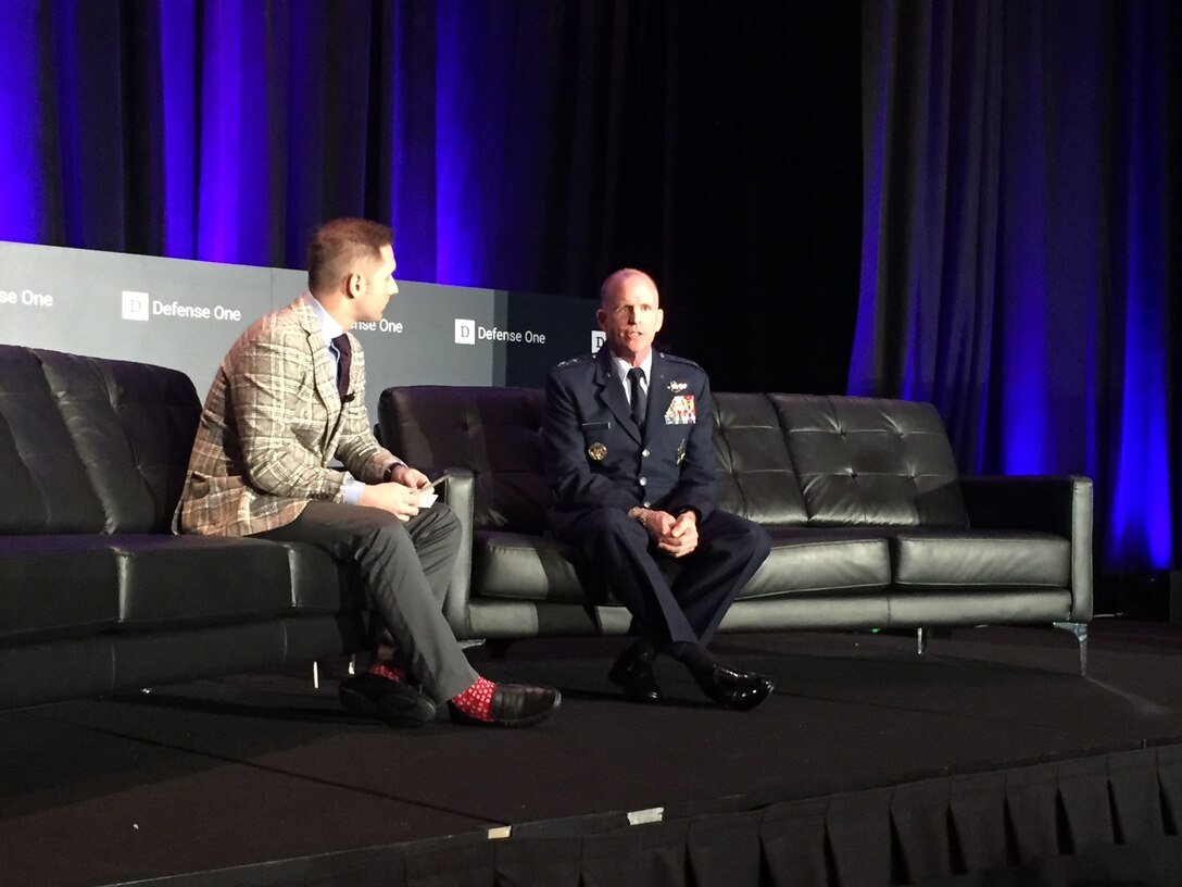 A reporter speaks with the Air Force vice chief of staff