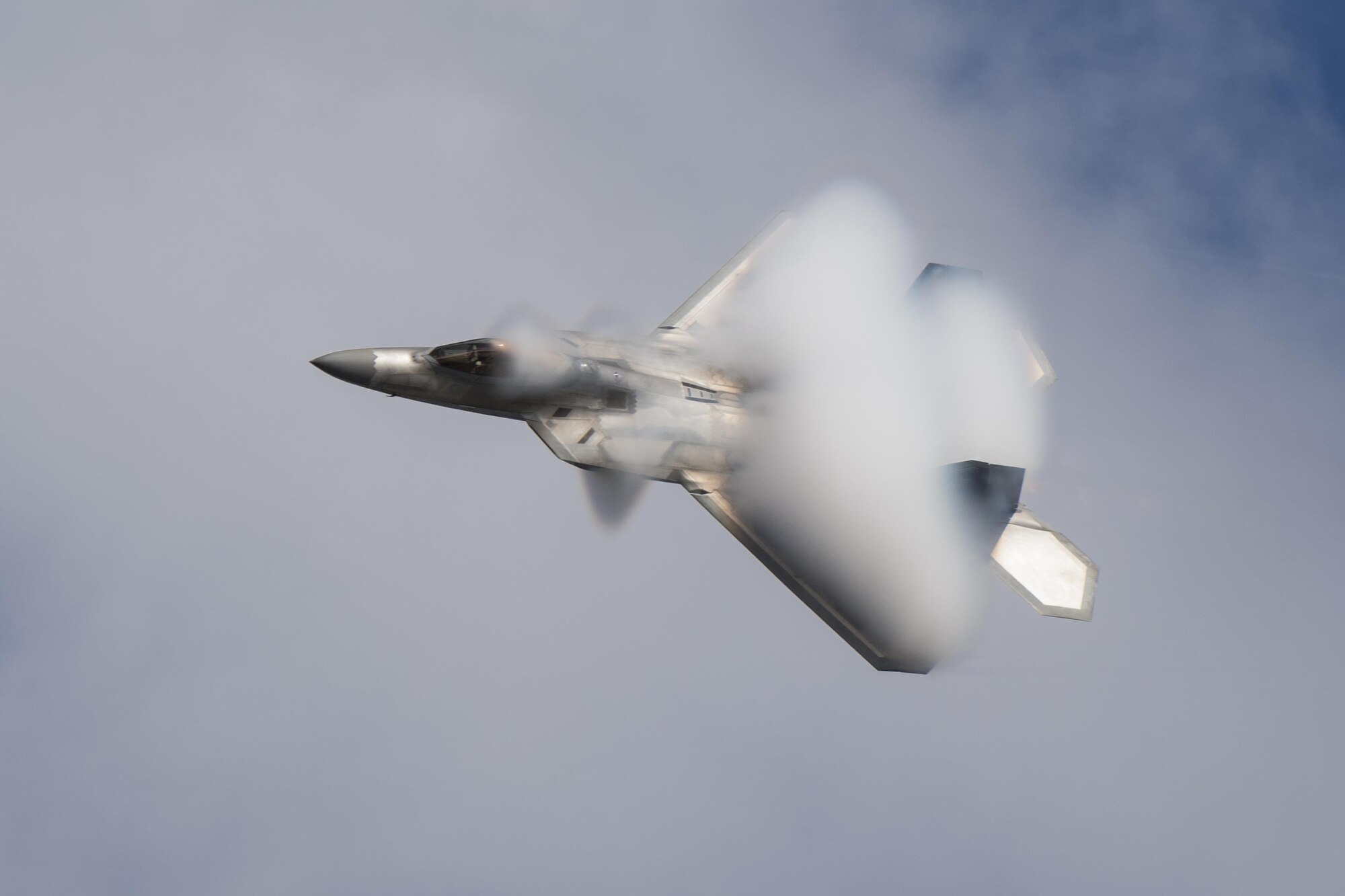 An F-22 is covered in vapors while demonstrating the capabilities of the aircraft, Nov. 5, 2017, at Naval Air Station Jacksonville, Fla. Maj. Daniel Dickinson, F-22 Raptor Demo Team pilot, performed display of capabilities before joining the Heritage Flight Formation. (U.S. Air Force photo by Staff Sgt. Eric Summers Jr.)