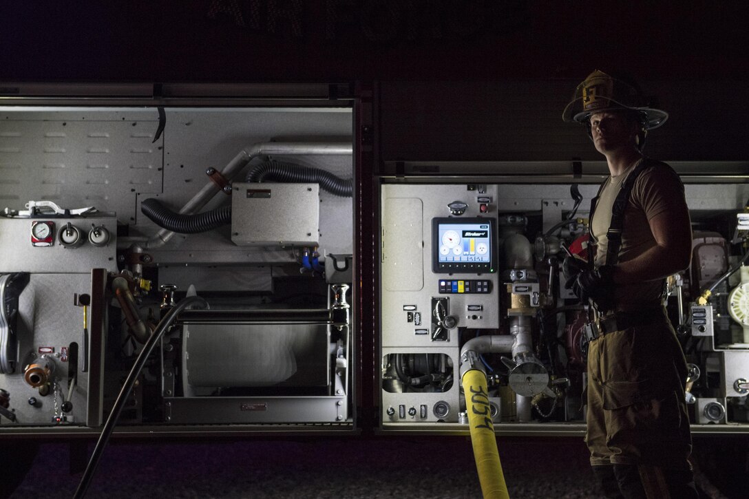 Airman 1st Class Jacob Molden, 23d Civil Engineer Squadron firefighter, waits on a signal before shutting water off during nighttime live-fire training, Nov. 8, 2017, at Moody Air Force Base, Ga. The Federal Aviation Administration requires that every airfield have a firefighting team on standby in case of an aircraft incident. (U.S. Air Force photo by Senior Airman Janiqua P. Robinson)