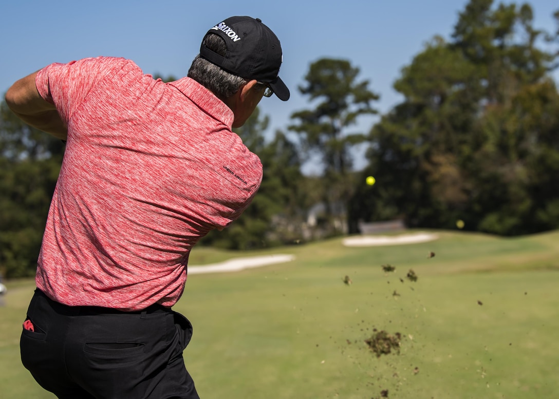 Retired Chief Master Sgt. Rick Parsons chips a golf ball during the Safeside reunion golf tournament, Nov. 6, 2017, in Valdosta, Ga. Biennially the Safeside association holds a reunion to interact with their past and present comrades from the 820th Base Defense Group. (U.S. Air Force photo by Airman Eugene Oliver)