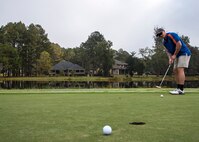 Tech Sgt. Joseph Curran, 824th Base Defense Squadron fire team member, watches his golf ball during the Safeside Association reunion golf tournament, Nov. 6, 2017, in Valdosta, Ga. Biennially, the Safeside association holds a reunion to interact with their past and present comrades from the 820th Base Defense Group. (U.S. Air Force photo by Airman Eugene Oliver)