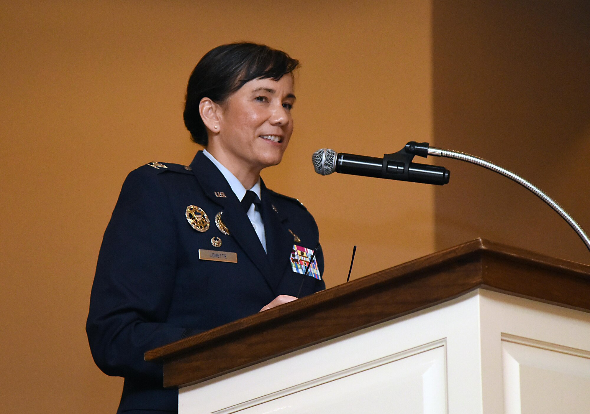 Col. Debra Lovette, 81st Training Wing commander, delivers remarks during the Tuskegee Airmen Inc. 8th Annual Benefit Gala at the Slavonian Lodge Nov. 4, 2017, in Biloxi, Mississippi. The event, which was held to raise funds for the Col. Lawrence E. Roberts Scholarships Fund, also included a silent auction and dinner. (U.S. Air Force photo by Kemberly Groue)