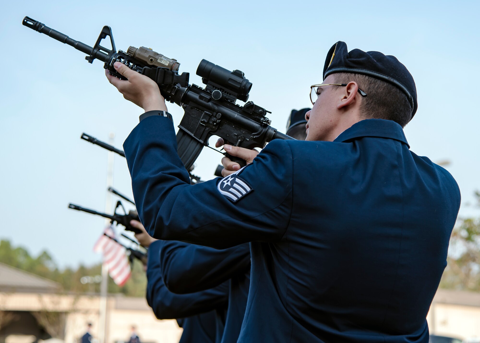 Airmen from the 820th Base Defense Group shoots rounds during a Safeside reunion memorial, Nov.8, 2017, at Moody Air Force Base, Ga. Biennially, the Safeside Association holds a reunion to interact with and honor their past and present comrades from the 820th Base Defense Group. (U.S. Air Force photo by Airman Eugene Oliver)