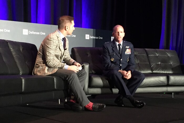 A man sits with the Air Force Vice Chief of Staff for an interview.